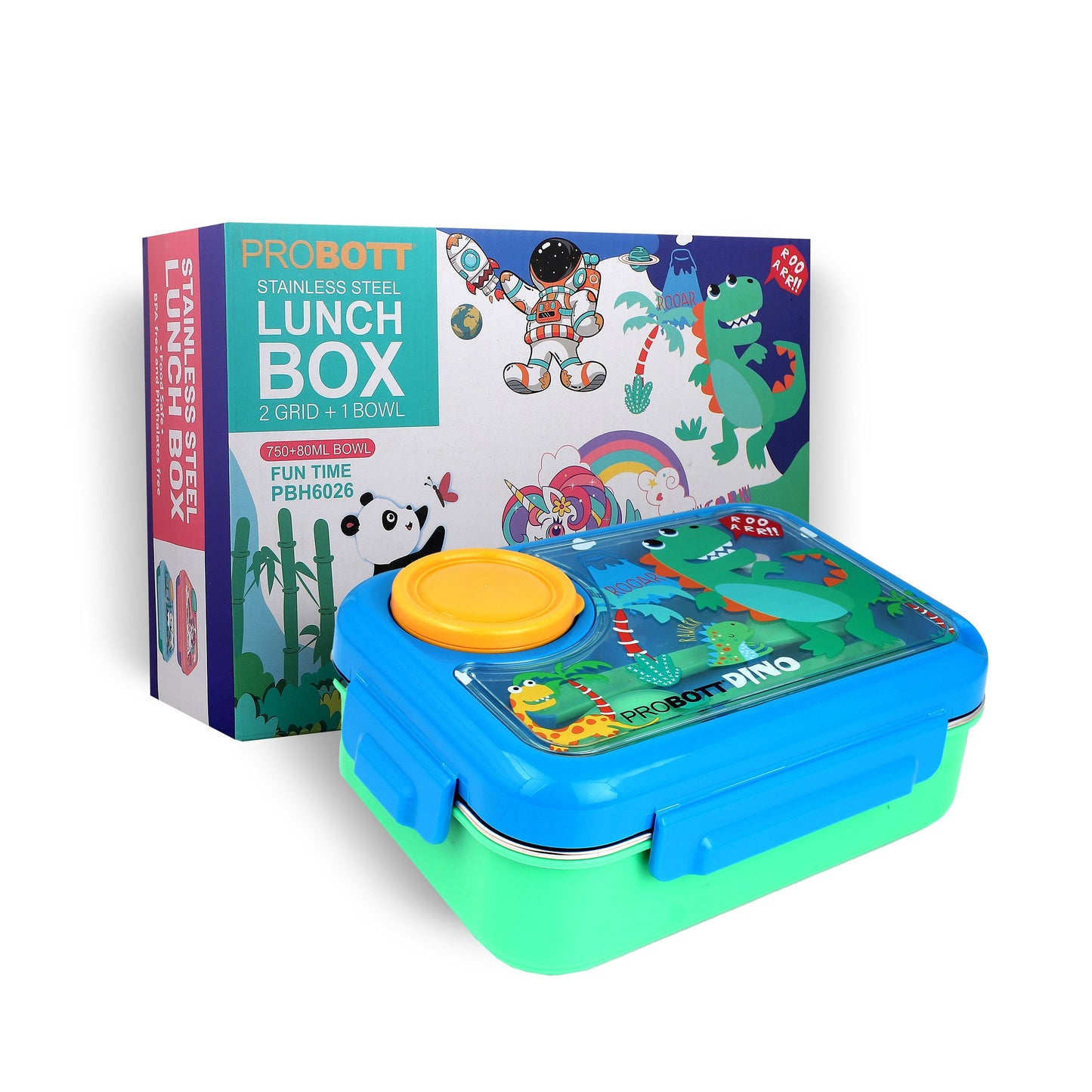 PROBOTT Fun Time 750ml Stainless Steel Lunch Box, 2 Compartment with 1 Bowl & 1 Spoon 1 Fork Tiffin Box, Character Lid | Blue + Green