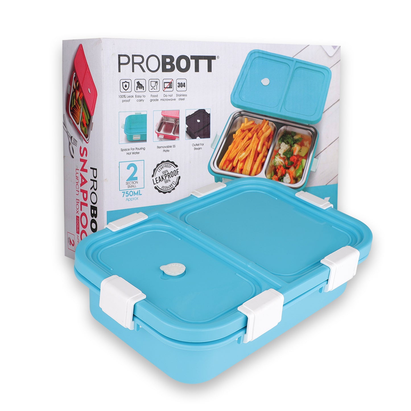 PROBOTT Snaplock 750 ml Stainless Steel Lunch Box, 2 Grid BPA Free Tiffin Box, Perfect for School, Office, Travel, Picnic | Blue