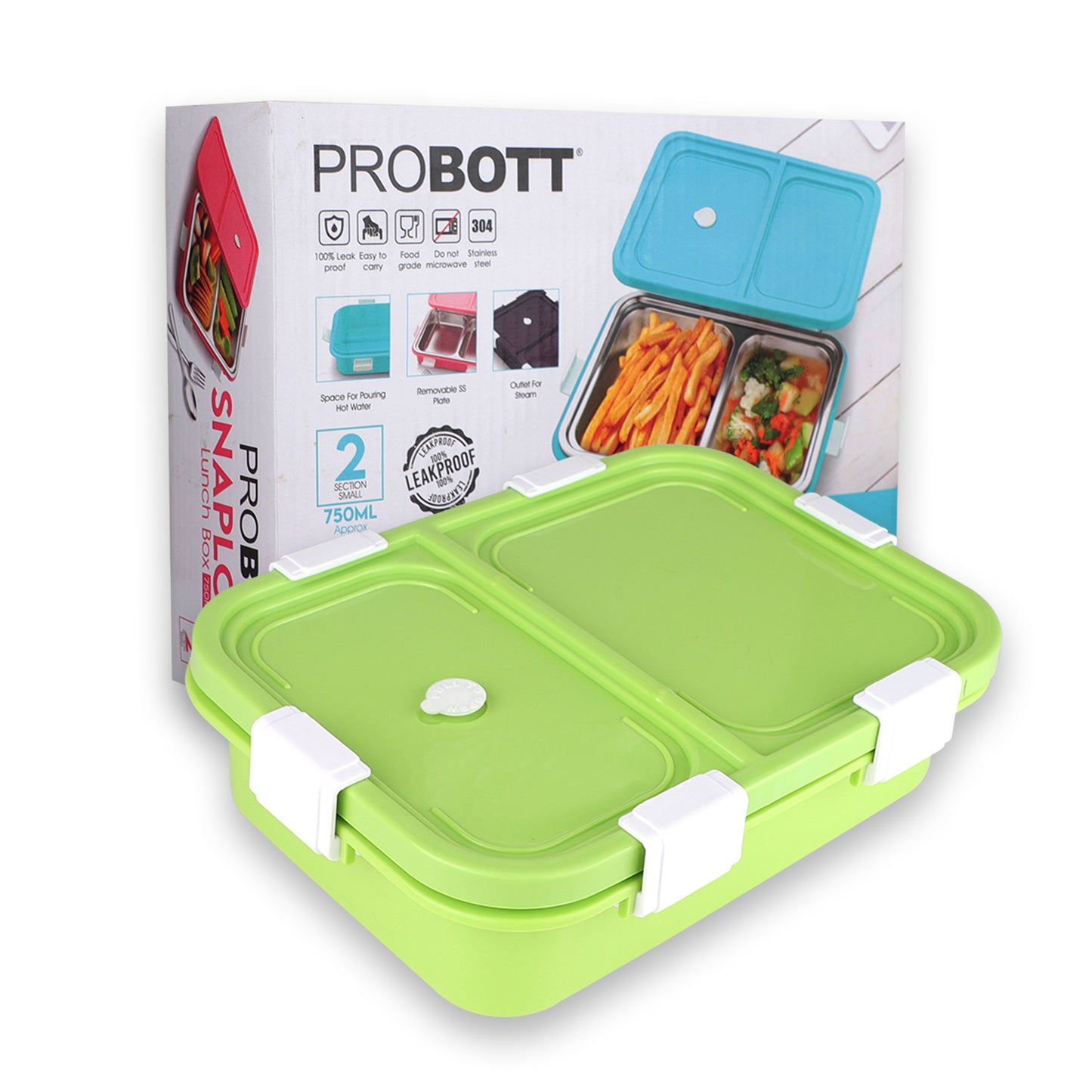 PROBOTT Snaplock 750 ml Stainless Steel Lunch Box, 2 Grid BPA Free Tiffin Box, Perfect for School, Office, Travel, Picnic | Green