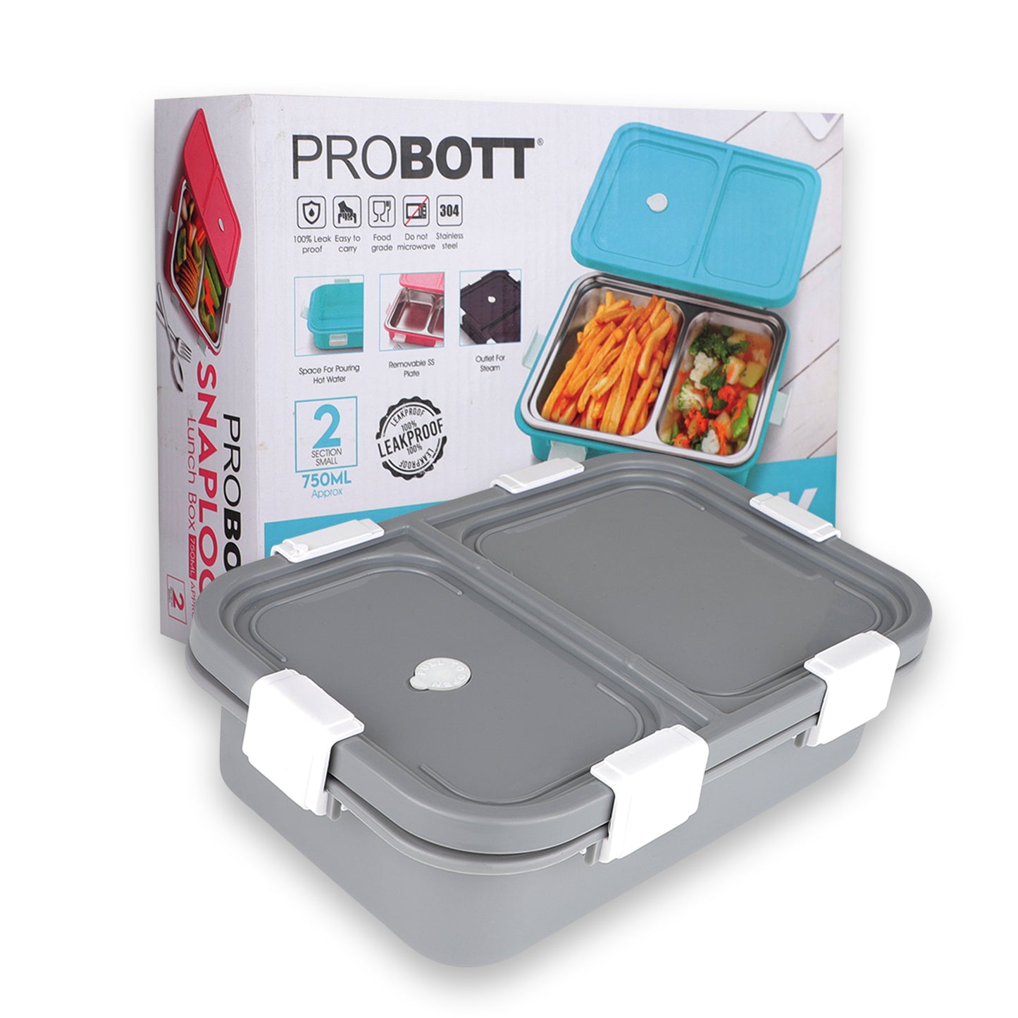 PROBOTT Snaplock 750 ml Stainless Steel Lunch Box, 2 Grid BPA Free Tiffin Box, Perfect for School, Office, Travel, Picnic | Grey