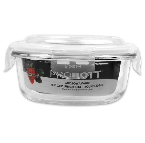 PROBOTT Vetroware Borosilicate Flip Clip Lunch Box Round Shape Set with Standing Bag, 400ml+400ml, 2-Pieces, Transparent PV 222-RS_Grey Bag