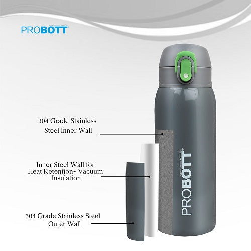 Probott Little 390ml Thermoses Vacuum Insulated Flask, Stainless Steel Water Bottle for Kids, Dark Blue | One-Click-Open Leak-Proof Locking Flip Lid