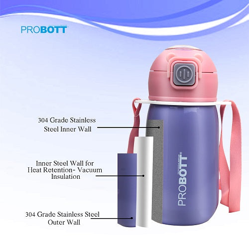 Probott Cutie 320ml Stainless Steel Hot & Cold Sipper Water Bottle for Kids, Purple| Double Walled Vacuum Flask |Push Button With Locking System