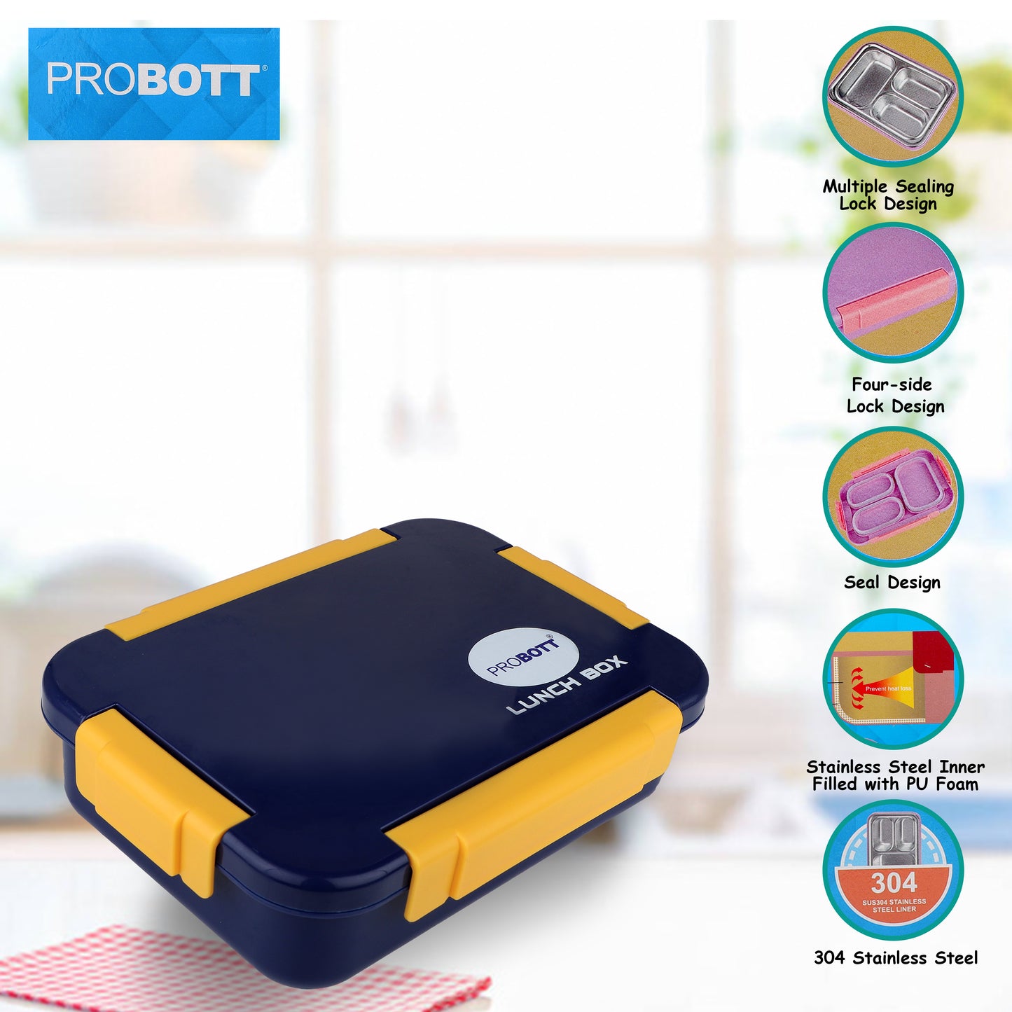 PROBOTT Lunch On 710 ml Stainless Steel Lunch Box, 3 Grid Leak-Proof BPA Free Tiffin Box, Perfect for School, Office, Travel, Picnic | Blue