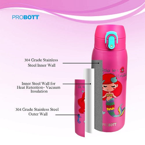 Probott Champ 390ml Thermoses Vacuum Insulated Flask, Stainless Steel Water Bottle for Kids, Pink | One-Click-Open Leak-Proof Locking Flip Lid