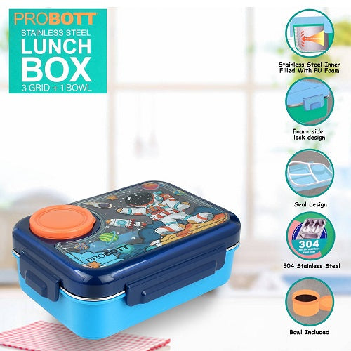 PROBOTT Fun Time 750ml Stainless Steel Lunch Box, 3 Grid with 80ml Bowl, 1 Spoon, 1 Fork Tiffin Box, Character Lid Made with Heavy Quality PP Material Perfect for School, Office Use | Dark Blue + Blue