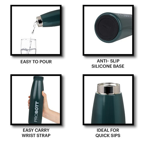 Probott Aquatic 500ml Vacuum Insulated Flask Bottle, Stainless Steel Hot and Cold Water Bottles, Dark Green