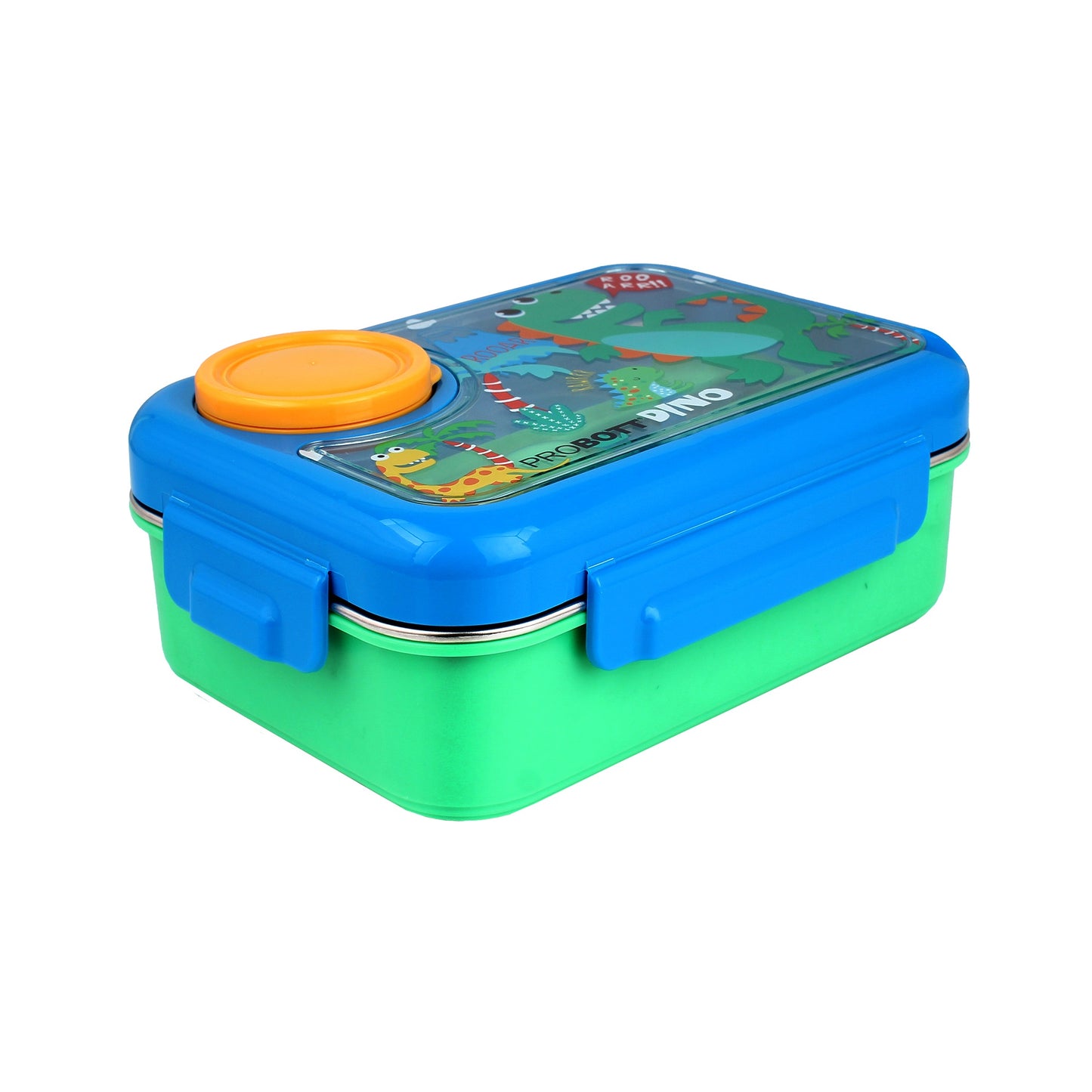 PROBOTT Fun Time 750ml Stainless Steel Lunch Box, 2 Compartment with 1 Bowl & 1 Spoon 1 Fork Tiffin Box, Character Lid | Blue + Green