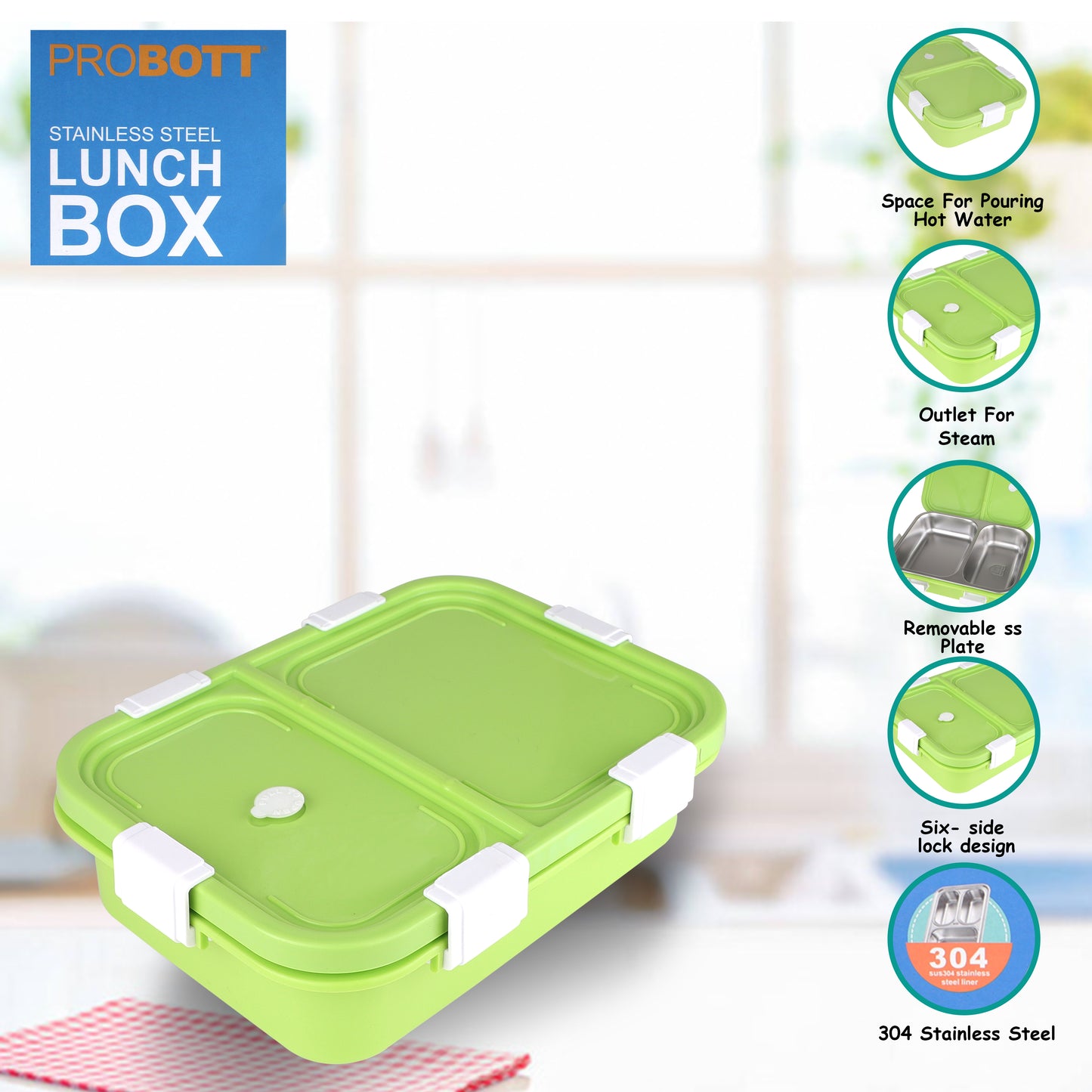 PROBOTT Snaplock 750 ml Stainless Steel Lunch Box, 2 Grid BPA Free Tiffin Box, Perfect for School, Office, Travel, Picnic | Green