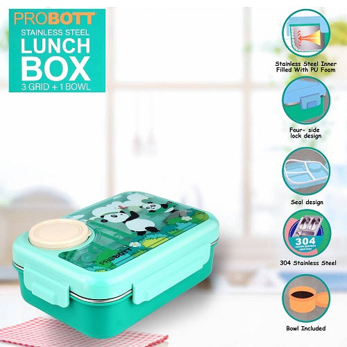 PROBOTT Fun Time 750ml Stainless Steel Lunch Box, 3 Grid with 80ml Bowl, 1Spoon, 1Fork Tiffin Box, Character Lid Made with Heavy Quality PP Material Perfect for School, Office Use | Aqua Blue + Green