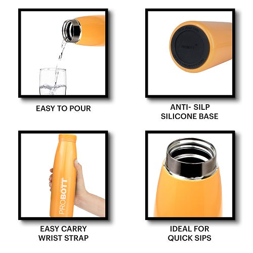 Probott Aquatic 750ml Vacuum Insulated Flask Bottle, Stainless Steel Hot and Cold Water Bottles, Orange