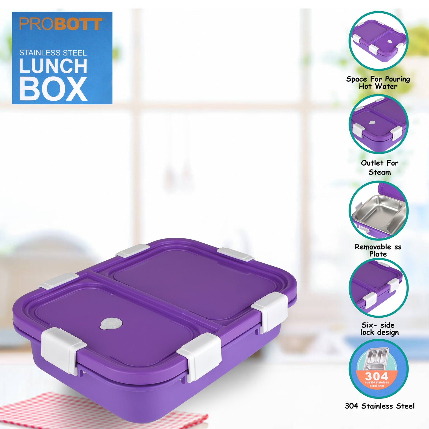 PROBOTT Snaplock 750 ml Stainless Steel Lunch Box, 2 Grid BPA Free Tiffin Box, Perfect for School, Office, Travel, Picnic | Purple