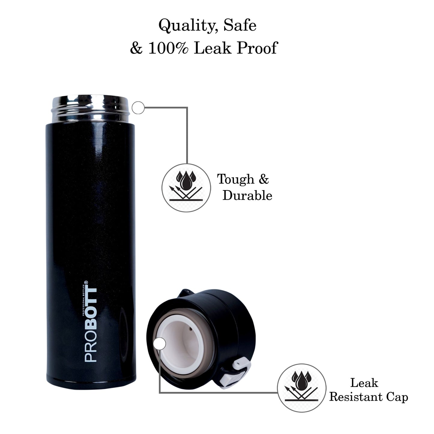 Probott Gliter 300 ml Travel Flask, Black | Thermoses Hot or Cold Vacuum Insulated Stainless Steel | Flip Top Cap