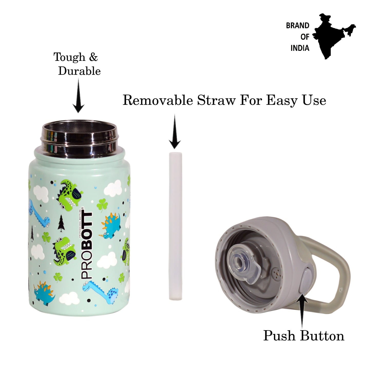 PROBOTT Space 360ml Stainless Steel Double Wall Vacuum Flask for 3-5 Yrs Kids | Hot and Cold Water Bottle with 3D Print, Green | Perfect for Toddlers | Leakproof
