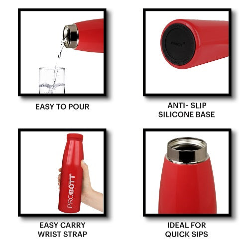 Probott Aquatic 1000ml Vacuum Insulated Flask Bottle, Stainless Steel Hot and Cold Water Bottles, Red
