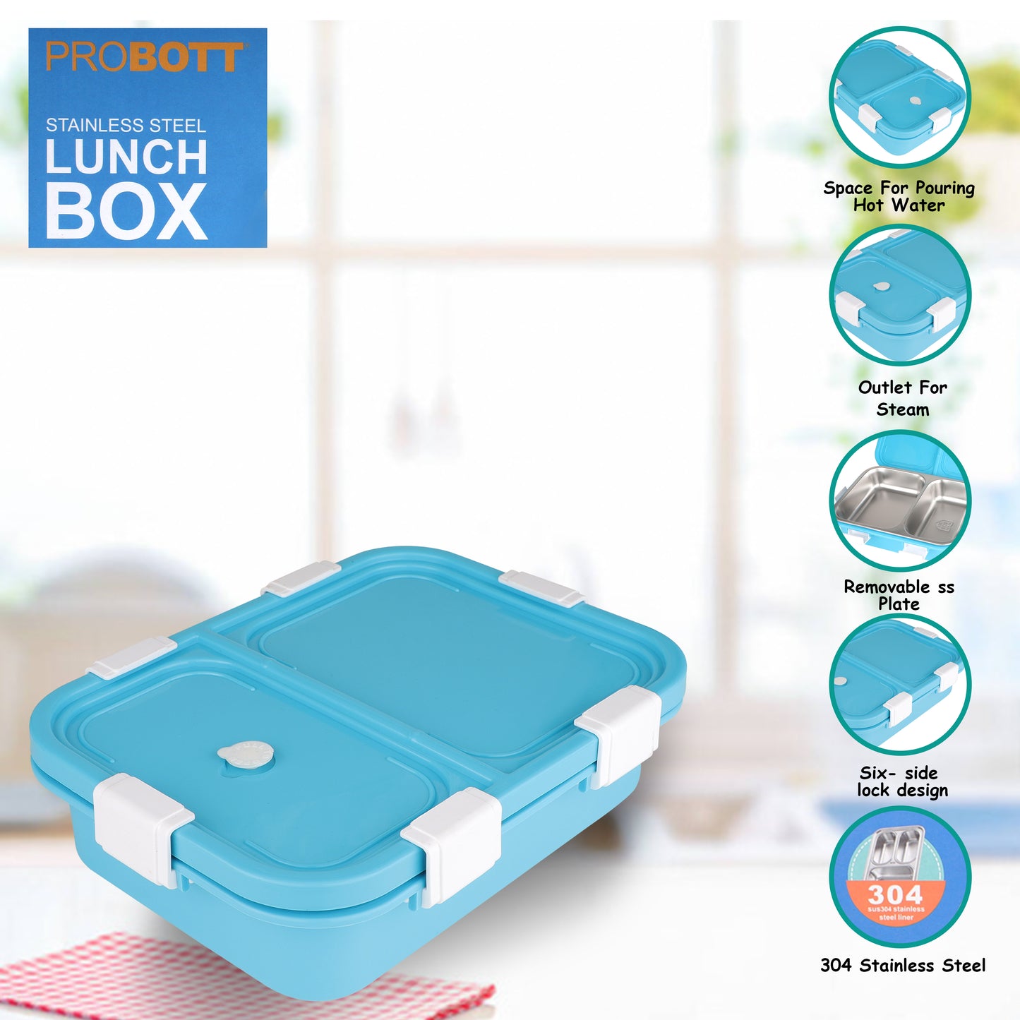 PROBOTT Snaplock 750 ml Stainless Steel Lunch Box, 2 Grid BPA Free Tiffin Box, Perfect for School, Office, Travel, Picnic | Blue