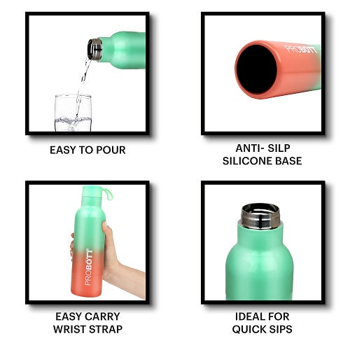 Probott Dream 750ml Stainless Steel Hot and Cold Water Bottle, Vacuum Insulated Flask Bottles, Dual Color Light Green & Orange