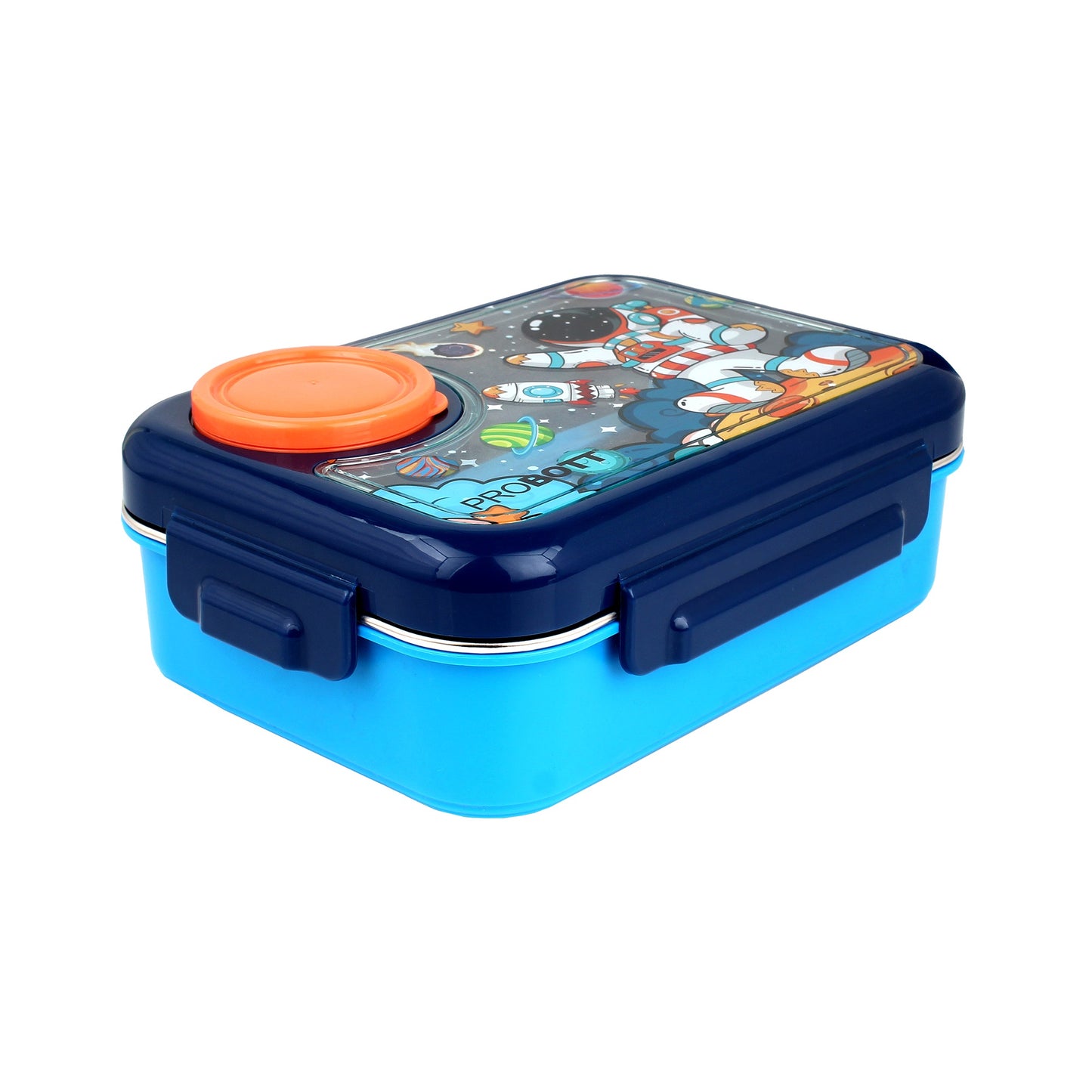 PROBOTT Fun Time 750ml Stainless Steel Lunch Box, 2 Compartment with 1 Bowl & 1 Spoon 1 Fork Tiffin Box, Character Lid | Dark Blue