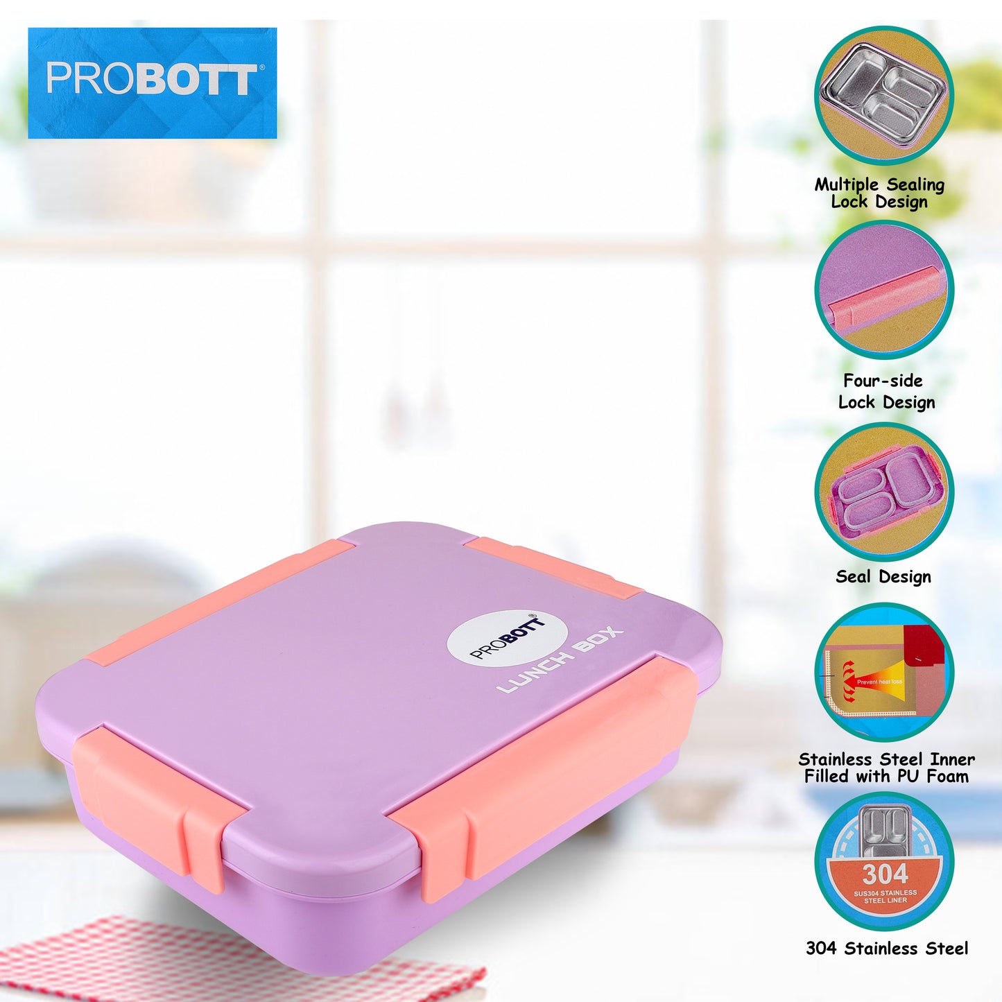 PROBOTT Lunch On 710 ml Stainless Steel Lunch Box, 3 Grid Leak-Proof BPA Free Tiffin Box, Perfect for School, Office, Travel, Picnic | Purple