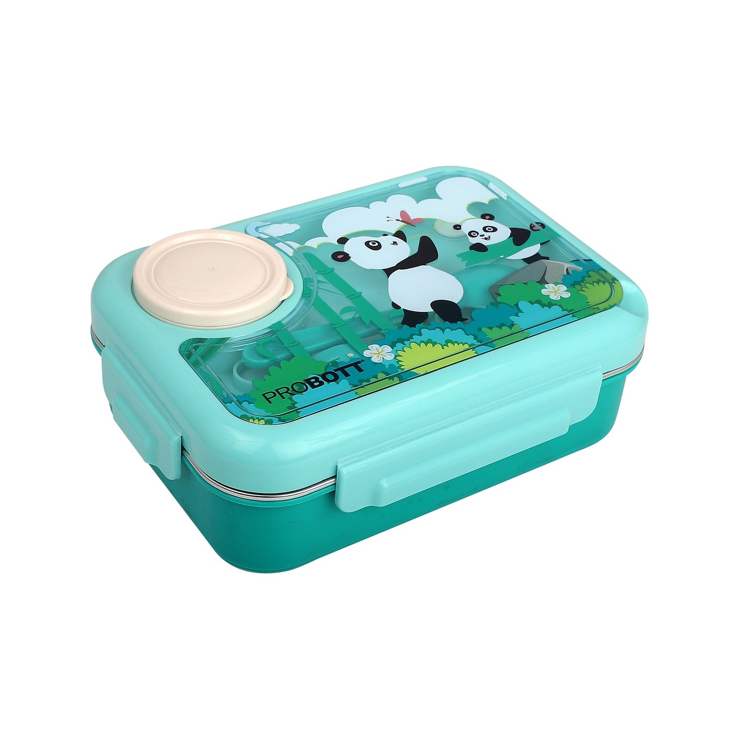 PROBOTT Fun Time 750ml Stainless Steel Lunch Box, 2 Compartment with 1 Bowl & 1 Spoon 1 Fork Tiffin Box, Character Lid | Aqua Blue