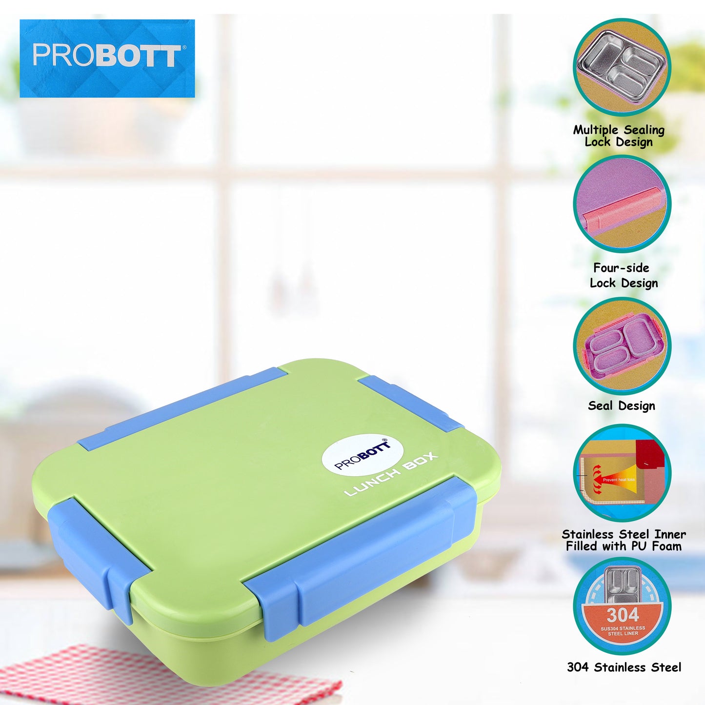 PROBOTT Lunch On 710 ml Stainless Steel Lunch Box, 3 Grid Leak-Proof BPA Free Tiffin Box, Perfect for School, Office, Travel, Picnic | Green