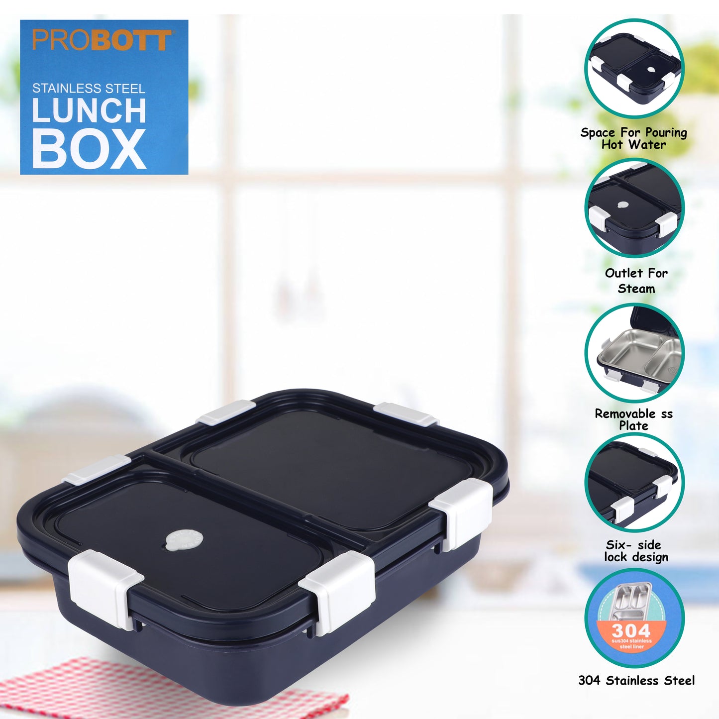 PROBOTT Snaplock 750 ml Stainless Steel Lunch Box, 2 Grid BPA Free Tiffin Box, Perfect for School, Office, Travel, Picnic | Black