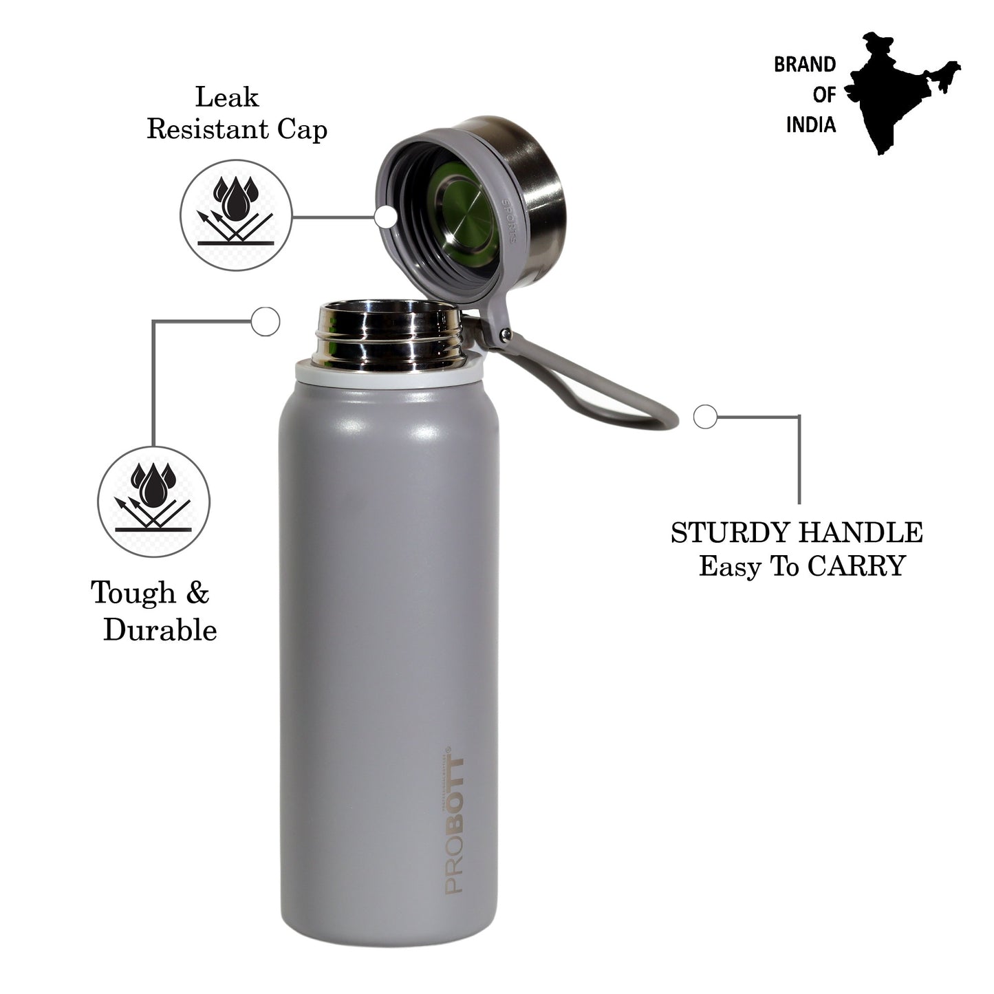 PROBOTT Marine 830ml Stainless Steel Water Bottles, Vacuum Insulated Flask Bottles, Grey | Hot and Cold | Easy to Carry | Leak Proof