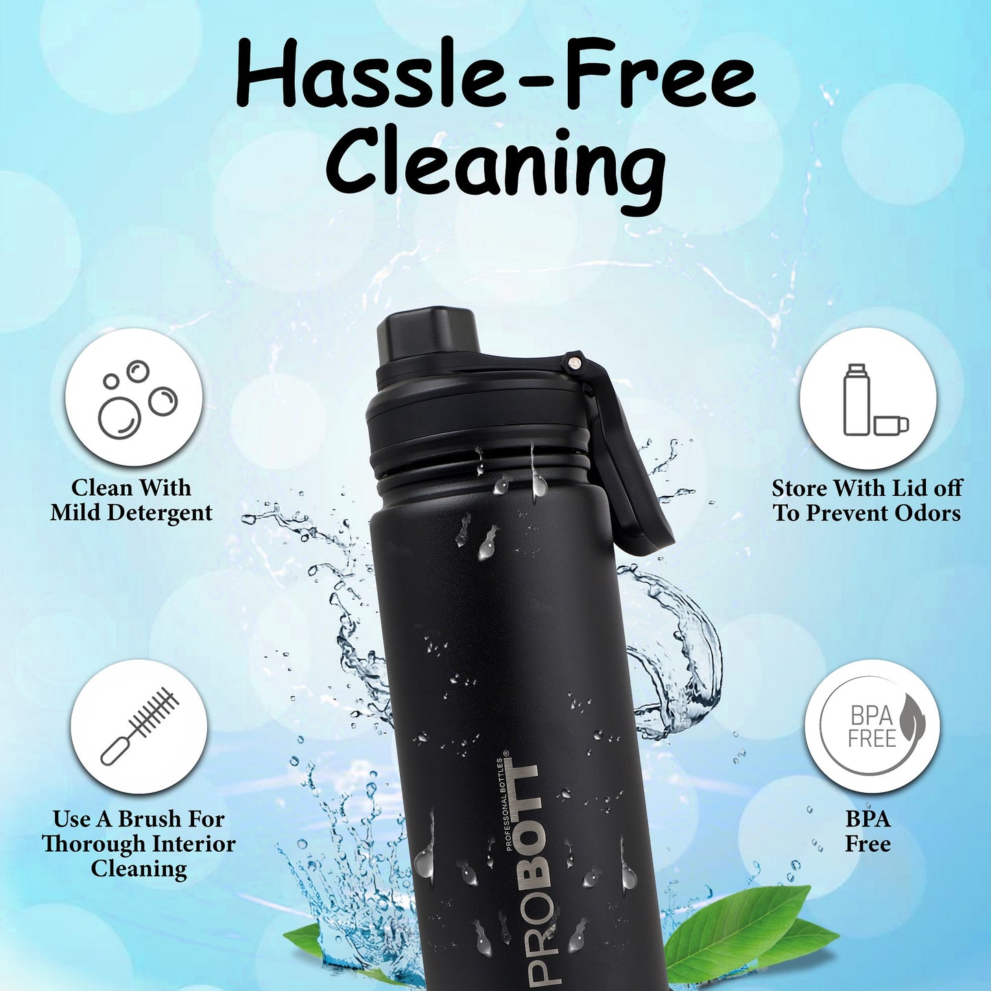 Probott Class 1000ml Thermoses Vacuum Insulated Flask Sipper Bottle, Stainless Steel Water Bottles, Black
