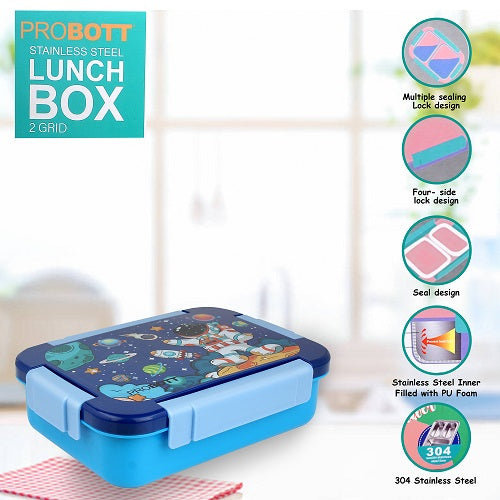 PROBOTT Lunch On 750ml Stainless Steel Lunch Box, 2 Grid Tiffin Box, Character Lid Made with Heavy Quality PP Material Perfect for School, Office Use | Dark Blue+Blue