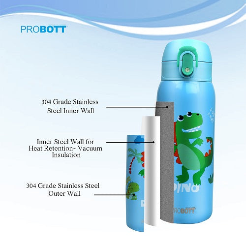 Probott Champ 390ml Thermoses Vacuum Insulated Flask, Stainless Steel Water Bottle for Kids, Light Blue | One-Click-Open Leak-Proof Locking Flip Lid