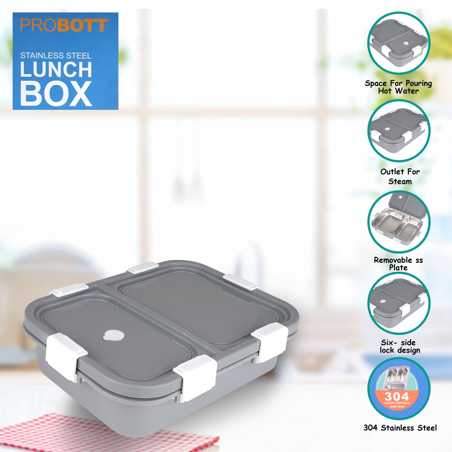 PROBOTT Snaplock 750 ml Stainless Steel Lunch Box, 2 Grid BPA Free Tiffin Box, Perfect for School, Office, Travel, Picnic | Grey