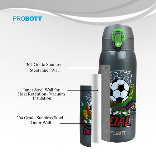 Probott Champ 390ml Thermoses Vacuum Insulated Flask, Stainless Steel Water Bottle for Kids, Grey | One-Click-Open Leak-Proof Locking Flip Lid