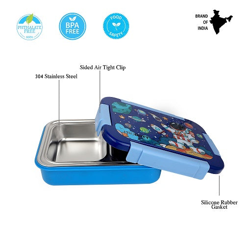 PROBOTT Lunch On 750ml Stainless Steel Lunch Box, 2 Grid Tiffin Box, Character Lid Made with Heavy Quality PP Material Perfect for School, Office Use | Dark Blue+Blue