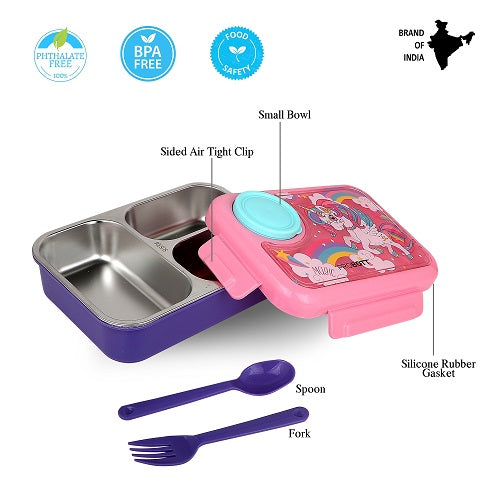 PROBOTT Fun Time 750ml Stainless Steel Lunch Box, 3 Grid with 80ml Bowl, 1 Spoon, 1 Fork Tiffin Box, Character Lid Made with Heavy Quality PP Material Perfect for School, Office Use | Pink + Purple