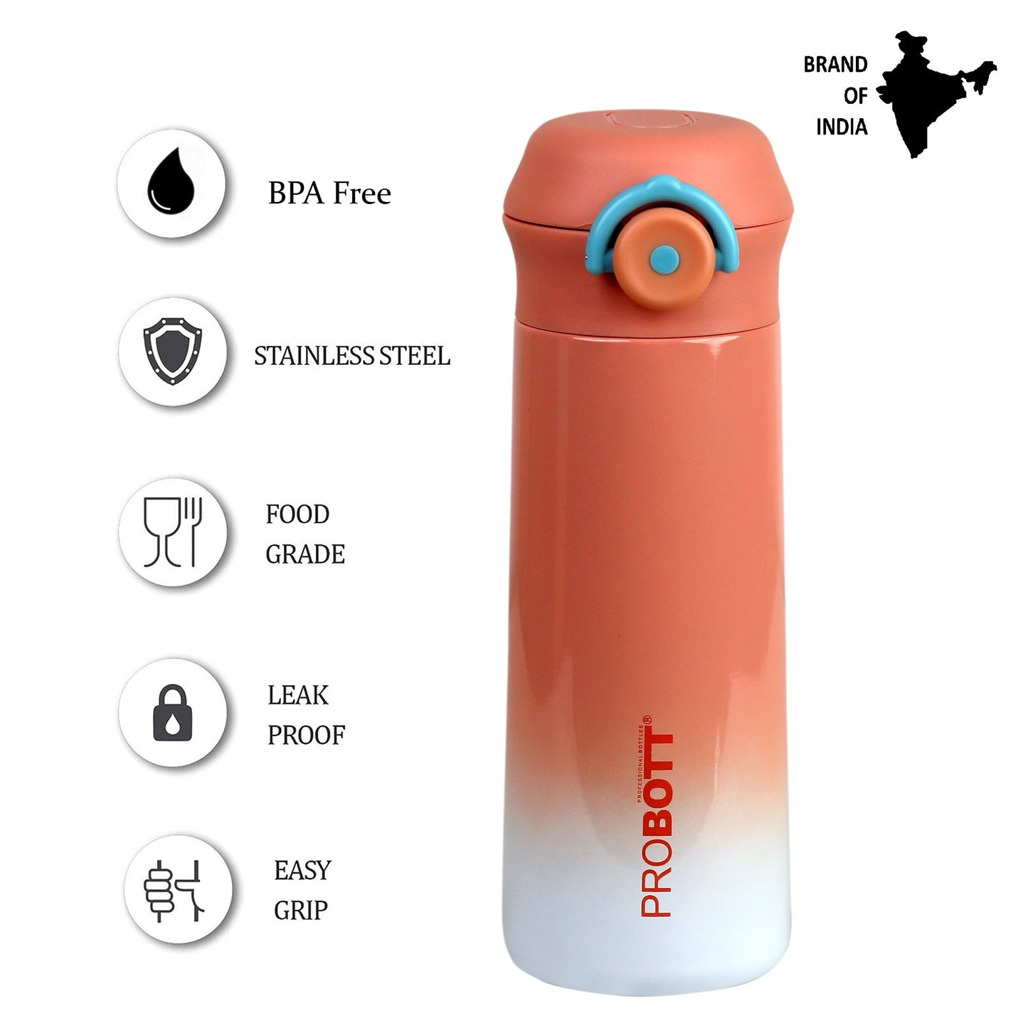 PROBOTT Swiss 350ml Stainless Steel Double Wall Vacuum Flask for 3-5 Yrs Kids | Hot and Cold Water Bottle, Orange
