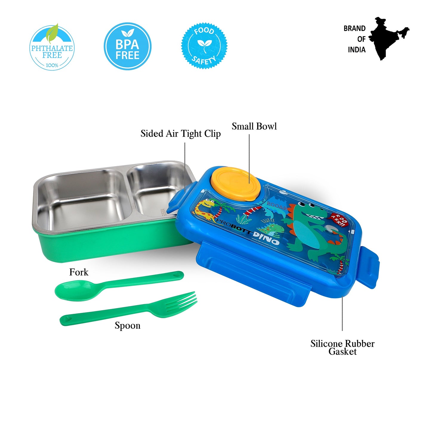 PROBOTT Fun Time 750ml Stainless Steel Lunch Box, 2 Compartment with 1 Bowl & 1 Spoon 1 Fork Tiffin Box, Character Lid | Blue + Green