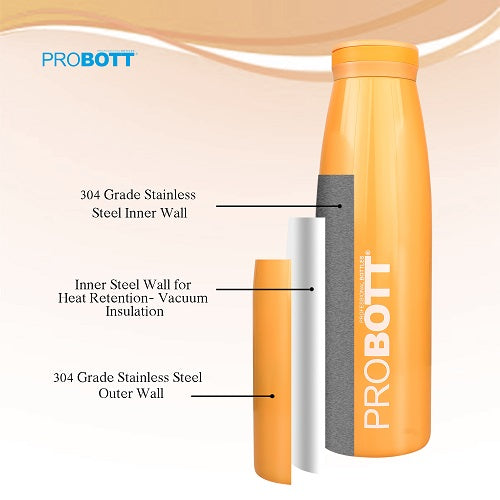 Probott Aquatic 1000ml Vacuum Insulated Flask Bottle, Stainless Steel Hot and Cold Water Bottles, Orange