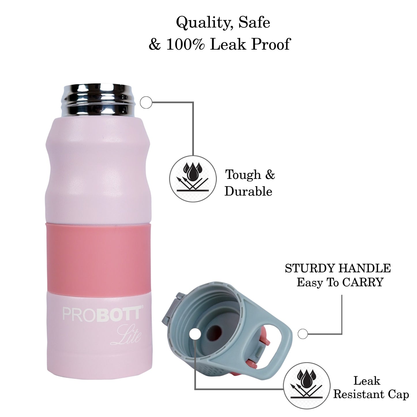 PROBOTT LITE Bliss 850ml Single Walled Stainless Steel Water Bottle, Pink