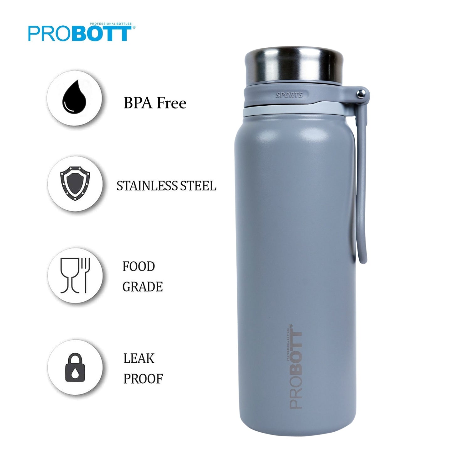 PROBOTT Marine 830ml Stainless Steel Water Bottles, Vacuum Insulated Flask Bottles, Grey | Hot and Cold | Easy to Carry | Leak Proof