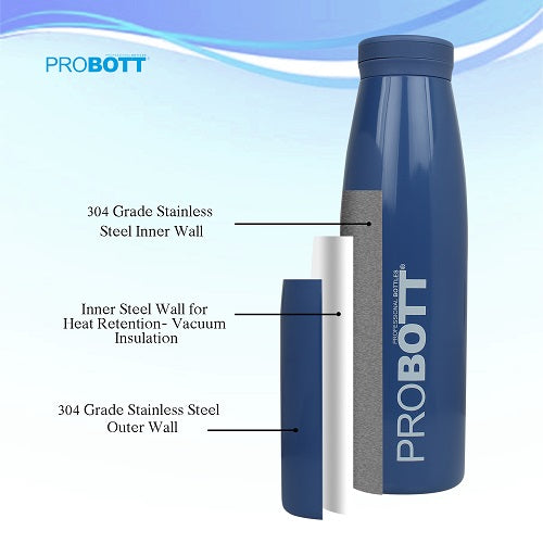 Probott Aquatic 750ml Vacuum Insulated Flask Bottle, Stainless Steel Hot and Cold Water Bottles, Blue
