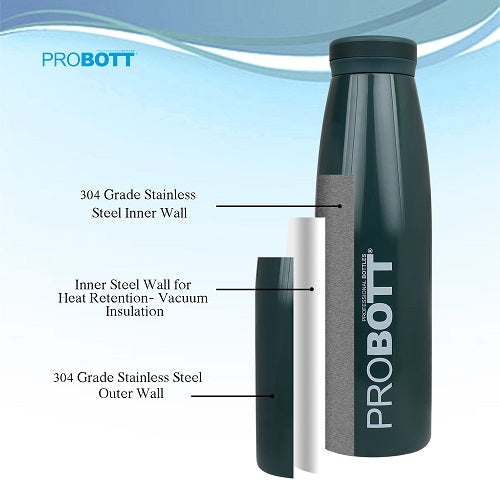 Probott Aquatic 750ml Vacuum Insulated Flask Bottle, Stainless Steel Hot and Cold Water Bottles, Dark Green