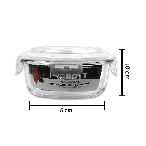 PROBOTT Vetroware Borosilicate Flip Clip Lunch Box Round Shape Set with Standing Bag, 400ml+400ml, 2-Pieces, Transparent PV 222-RS_Grey Bag