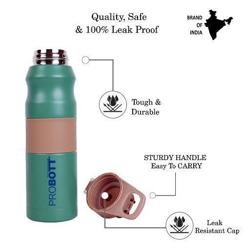 Probott Bloom 680ml Vacuum Insulated Flask Bottle, Stainless Steel Hot and Cold Water Bottles, Green