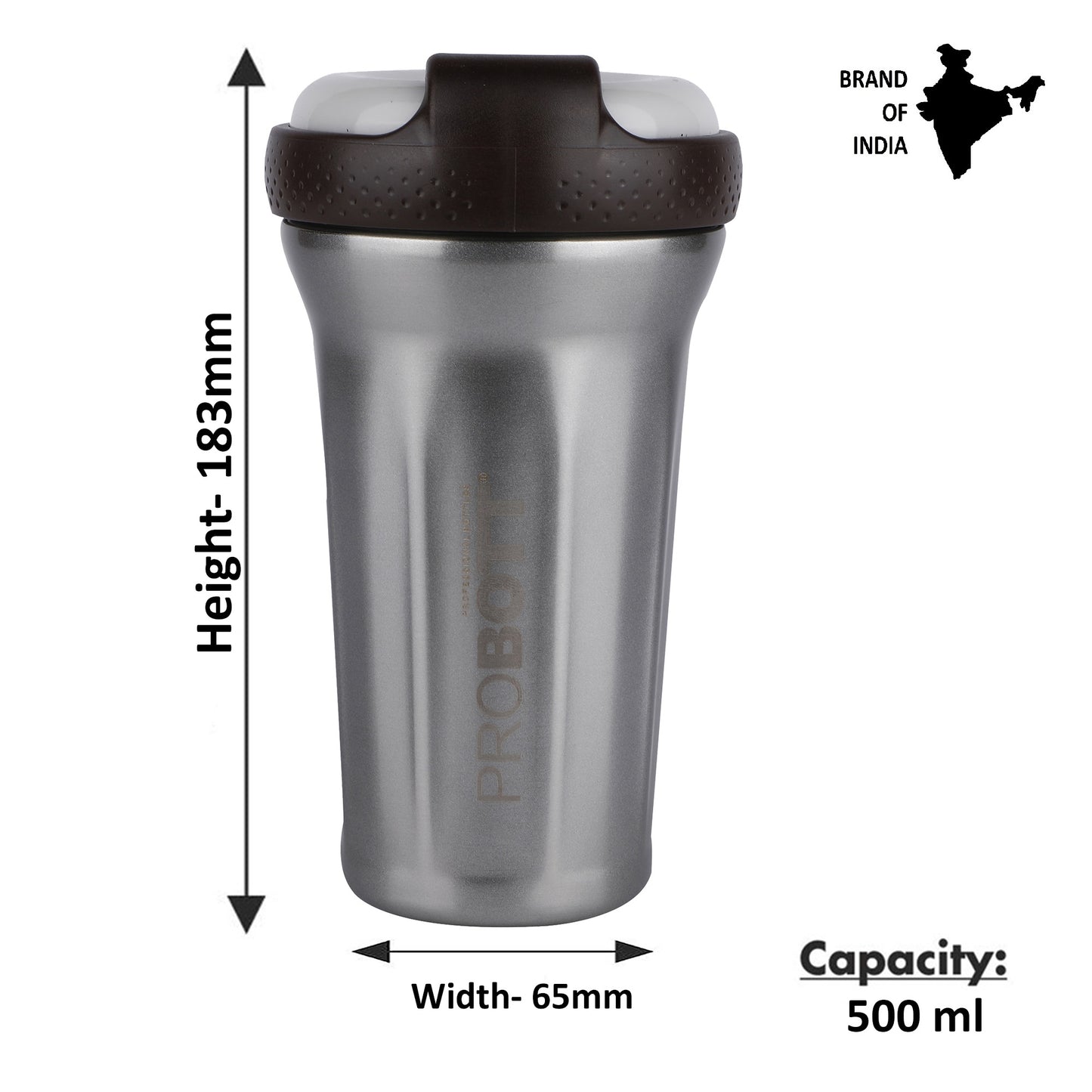Probott Elegant 500ml Stainless Steel Water Bottle, Vacuum Insulated Flask Bottles, Grey | Hot and Cold | Easy to Carry | Leak Proof