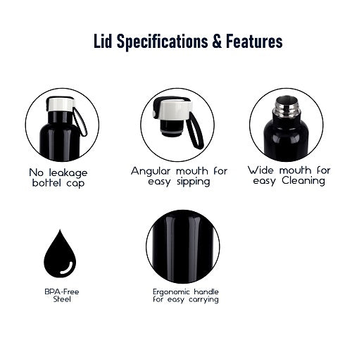 Probott Bang 600ml Thermoses Vacuum Insulated Flask Sports Bottle, Stainless Steel Water Bottles, Black