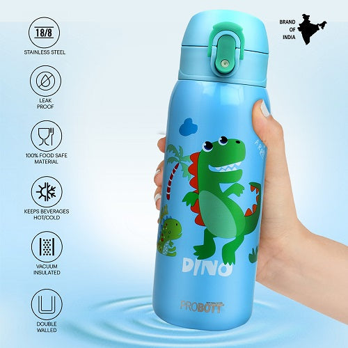 Probott Champ 390ml Thermoses Vacuum Insulated Flask, Stainless Steel Water Bottle for Kids, Light Blue | One-Click-Open Leak-Proof Locking Flip Lid