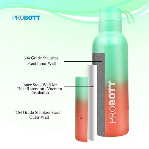 Probott Dream 750ml Stainless Steel Hot and Cold Water Bottle, Vacuum Insulated Flask Bottles, Dual Color Light Green & Orange