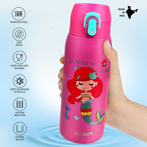 Probott Champ 390ml Thermoses Vacuum Insulated Flask, Stainless Steel Water Bottle for Kids, Pink | One-Click-Open Leak-Proof Locking Flip Lid