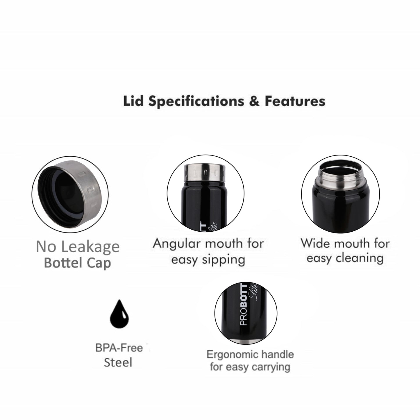 PROBOTT LITE Freeze Single Walled Stainless Steel Water Bottle 1000ml -Black PL 1000-01
