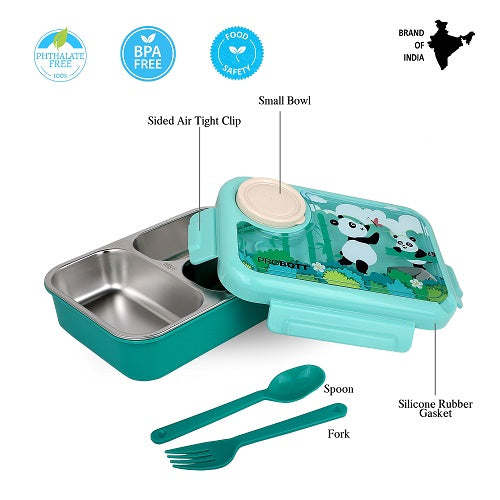 PROBOTT Fun Time 750ml Stainless Steel Lunch Box, 3 Grid with 80ml Bowl, 1Spoon, 1Fork Tiffin Box, Character Lid Made with Heavy Quality PP Material Perfect for School, Office Use | Aqua Blue + Green